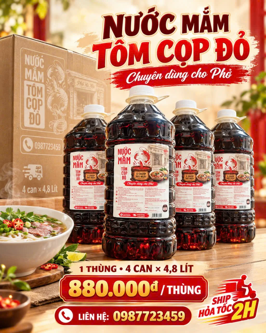 Nước mắm Tôm Cọp Đỏ chuyên dùng cho phở: 1 thùng 4 can × 4,8 lít, 880.000đ/thùng, ship hỏa tốc 2 giờ, liên hệ 0987723459.