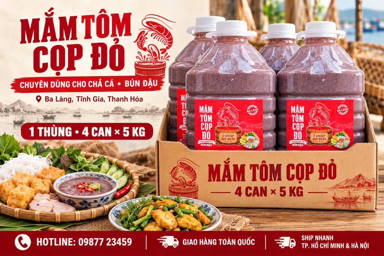 Mắm tôm Tôm Cọp Đỏ chuyên dùng cho chả cá, bún đậu: 1 thùng 4 can × 5 kg. Giao hàng toàn quốc, hotline 0987723459.