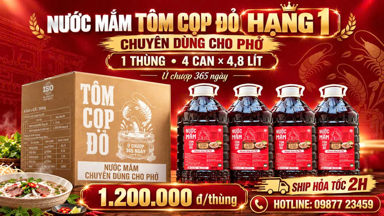 Nước mắm Tôm Cọp Đỏ Hạng 1 chuyên dùng cho phở: 1 thùng 4 can × 4,8 lít, ủ chượp 365 ngày, 1.200.000đ/thùng, ship hỏa tốc 2 giờ.